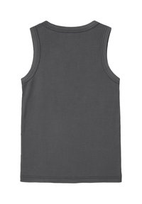 Top senza maniche a coste grigio scuro con spalline larghe, scollatura tonda e orlo dritto, mostrato da dietro.