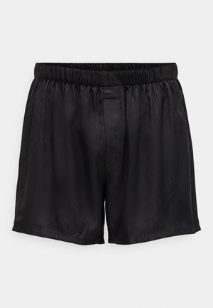 Shorts noirs en tissu lisse et léger présentant un motif géométrique subtil, avec une taille élastique pour le confort et l'ajustement.