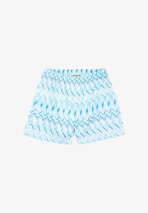 Shorts de bain pour homme avec un motif en zigzag bleu clair et blanc, taille élastique, sur fond blanc.