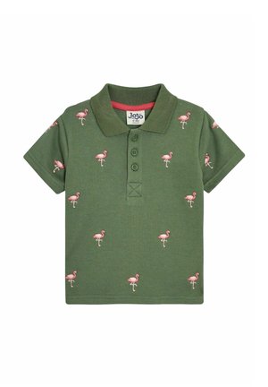 Roheline polo särk, mis on tehtud puuvillast, millel on throughout väiksed roosad flamingo tikandid. Lühikesed varrukad, soonikkoes krae ja kolme nupuga klapp.