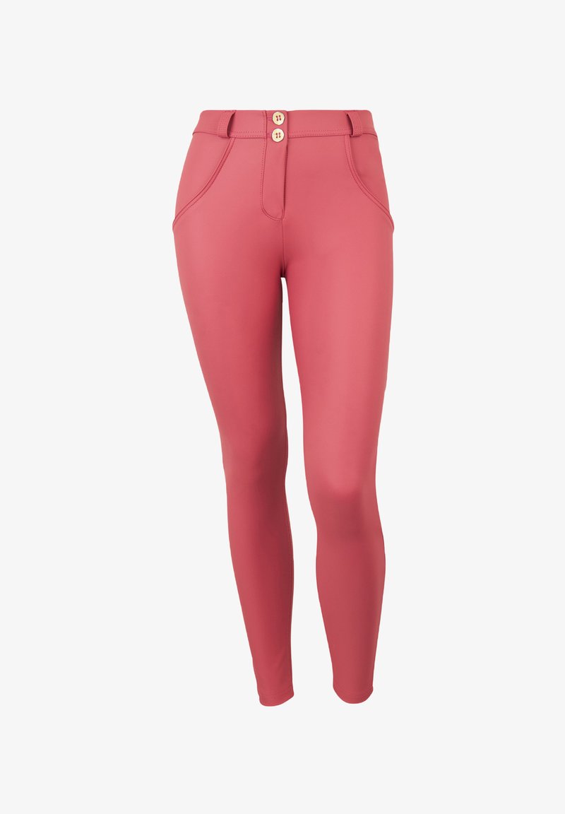 Leggings rosa con una texture liscia, design a vita alta e due bottoni sul davanti. Presentano tasche curve e una silhouette aderente.