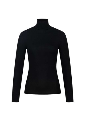 Black turtleneck top made from smooth, stretchy material. Features long sleeves and a fitted silhouette, suitable for layering.
