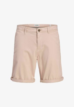 Lyse pink bomuldsshorts med knaplukning og opkrøllede manchetter. Har en glat overflade og standard fem-lomme design.