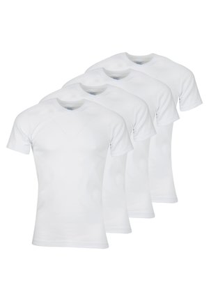 Quatre t-shirts blancs à manches courtes. Fabriqués en coton lisse. Conception à col rond sans motifs ni embellissements. Forme et couleur uniformes.