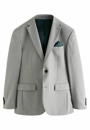 Hellgrauer Blazer mit strukturiertem Design, zwei Fronttaschen, einreihiger Knopfverschluss und einem strukturierten dunkelgrünen Innenfutter. Enthält ein Einstecktuch.