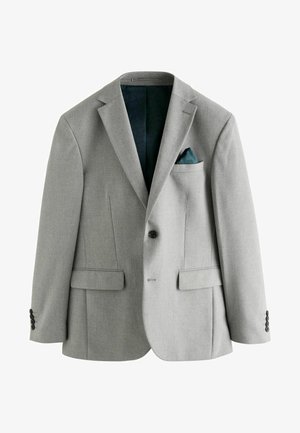 Ljusgrå blazer med en strukturerad design, två framfickor, enkel knappstängning och en texturerad mörkgrön innerfoder. Inkluderar en fickkvadrat.