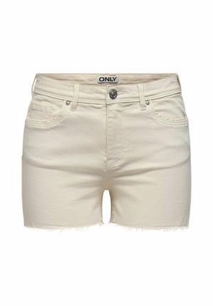 Short en denim beige taille haute avec ourlet effiloché, bouton et fermeture éclair à l'avant, passants pour ceinture et poches avant, étiquette "ONLY" à l'intérieur de la ceinture.