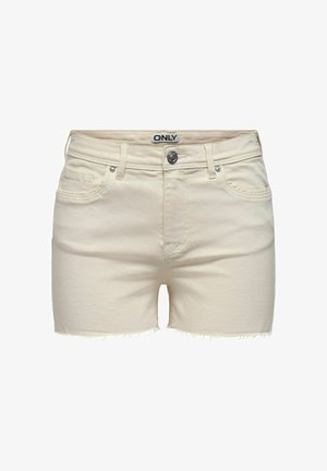 Béžové rifle s vysokým pásom, rozstrapkaným lemom, predným gombíkom a zipsom, pútkami na opasok a vreckami vpredu, s označením "ONLY" na vnútornej strane pása.