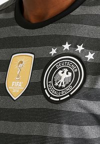 Šedý dres s vodorovnými pruhy, s zlatou nášivkou FIFA Mistrovství světa ve fotbale 2014 a černým emblémem Deutscher Fußball-Bund s orlem.