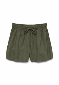 Shorts di lino verde oliva con vita elasticizzata e laccio di chiusura. Presentano tasche laterali e una vestibilità comoda. Tessuto liscio e morbido.