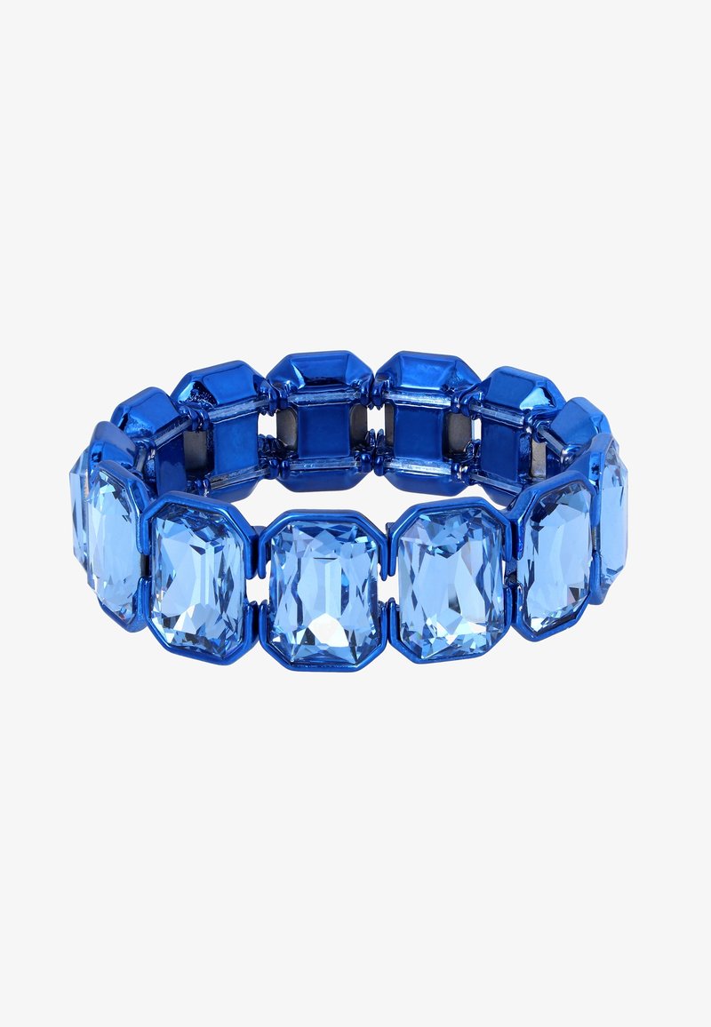 Bracelet extensible avec des pierres précieuses rectangulaires facettées bleu clair montées sur un métal bleu brillant.