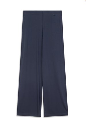 Námornícky modré nohavice s širokými nohavicami, hladkým pásom a malou obdĺžnikovou značkou značky blízko hornej pravnej strany.