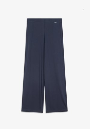 Pantalones de pierna ancha azul marino con una cintura lisa y una pequeña etiqueta rectangular de la marca cerca de la parte superior derecha.
