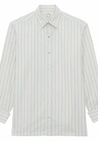 Chemise rayée à manches longues, en tissu léger, avec un col boutonné, et des rayures verticales pastel en rouge, bleu et vert sur un fond blanc.