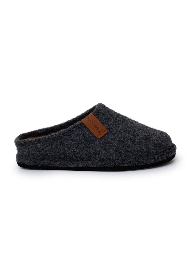 Pantofola in feltro di lana grigio scuro con punta arrotondata, texture morbida e un'etichetta in cuoio marrone sul lato. Suola nera piatta per uso interno.