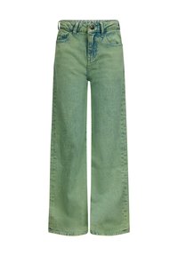 Grüne weit geschnittene Jeans aus Denim, mit hoher Taille, verblasster Textur und zwei Fronttaschen, mit einem Knopf- und Reißverschluss.