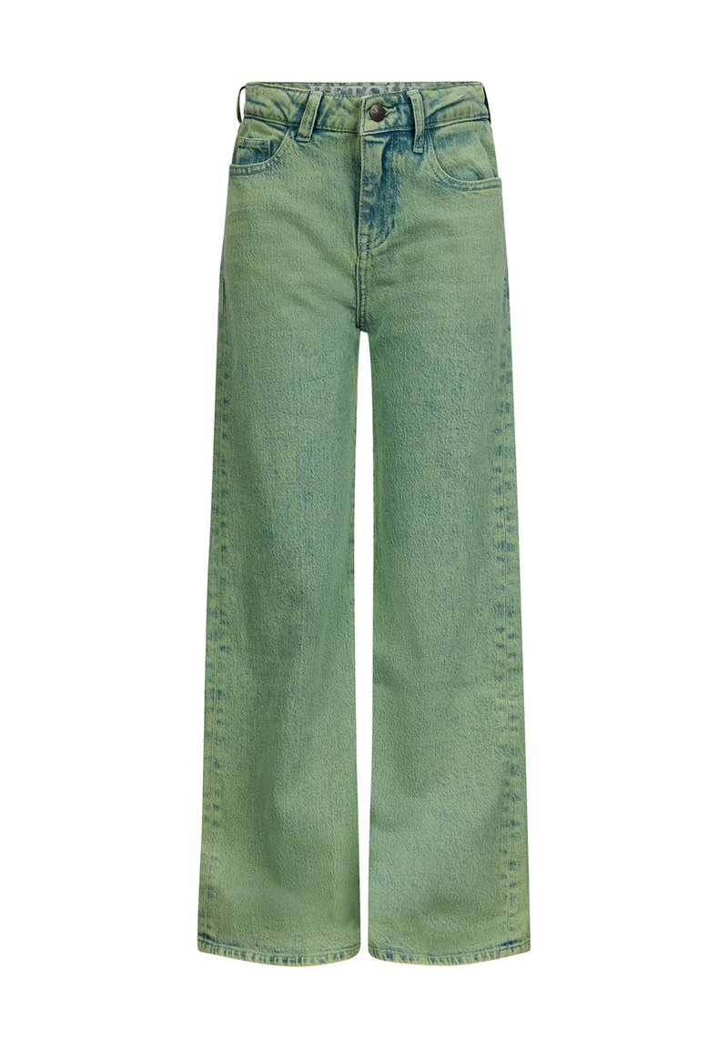 Grüne weit geschnittene Jeans aus Denim, mit hoher Taille, verblasster Textur und zwei Fronttaschen, mit einem Knopf- und Reißverschluss.