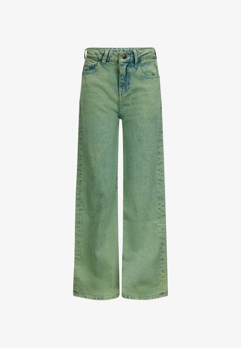 Grüne weit geschnittene Jeans aus Denim, mit hoher Taille, verblasster Textur und zwei Fronttaschen, mit einem Knopf- und Reißverschluss.