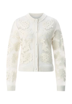 Weißer Cardigan mit floraler Stickerei, geripptem Kragen und Bündchen, Knopfverschluss und strukturiertem Stoff mit filigranen Details.
