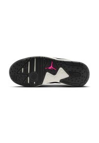 Sola de sapatilha preto e branco com borracha texturizada, apresentando um proeminente logo Jumpman em rosa e um distinto design zig-zag em branco.