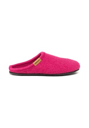 Fuchsia felt slipper with a rounded shape, open back, and rubber sole. Features a small branded tag on the side.