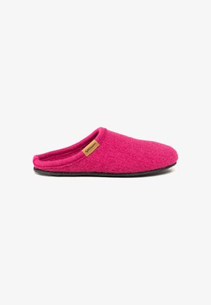 Fuchsia felt slipper with a rounded shape, open back, and rubber sole. Features a small branded tag on the side.