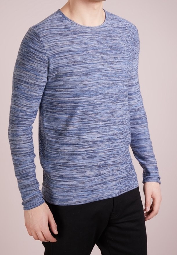 Long-sleeve blue textured shirt with a round neckline, featuring a horizontal stripe pattern in varying shades of blue. Smooth fabric.