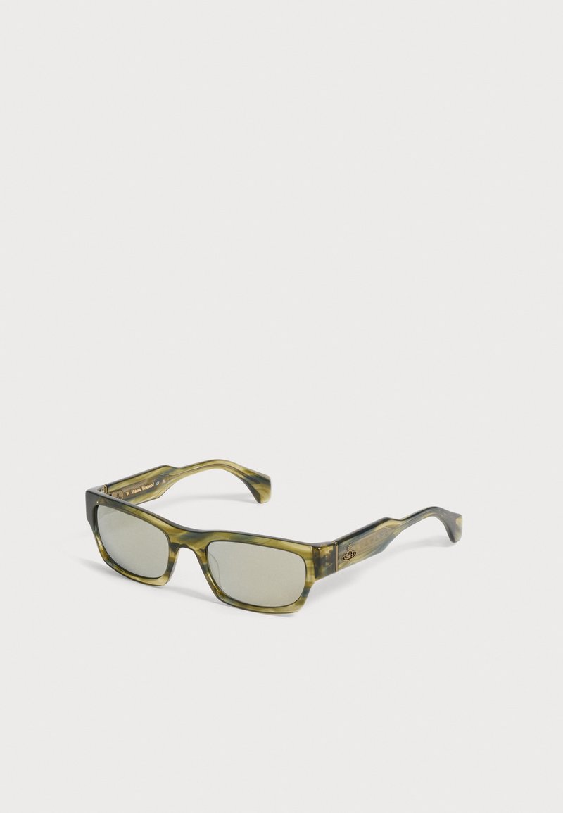 Rectangular sunglasses with olive green translucent frames and light gray lenses resting on a neutral surface.