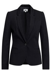 Černé sako s jedním knoflíkem, vykrojenými klopami a dvěma předními kapsami. Vyrobeno z hladké látky se strukturovaným střihem.