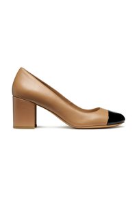 Beige leather pump with a rounded toe and a black patent cap, featuring a block heel and smooth texture.
