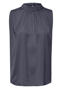Blouse sans manches en satin gris foncé avec un col haut plissé et une fermeture boutonnée à l'arrière.