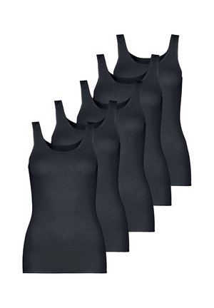 Five black sleeveless scoop neck tank tops arranged in a staggered row on a white background.