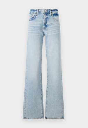 Gaiši zili platajām kājām džinsi no denima, ar vidēja augstuma jostasvietu, piecām kabatām un kontrastējošu šuvumu ar nolobītu apdari.