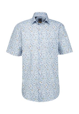 Camicia a maniche corte in tessuto azzurro chiaro con motivo floreale che presenta piccoli fiori multicolori. Colletto button-down e vestibilità comoda.