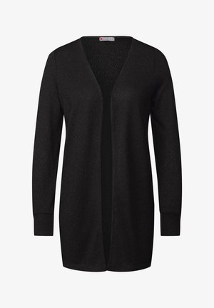 Cardigan negro de abertura frontal con mangas largas, puños acanalados y una tela texturizada. No hay cierres ni embellishments visibles.