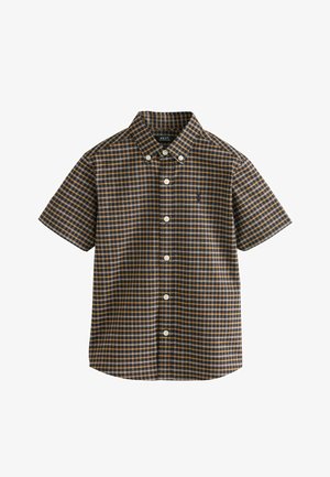 Camicia a maniche corte con bottoni, motivo a quadri in blu, marrone e bianco, colletto con bottoni e piccolo logo ricamato sul petto.