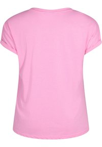 Kortærmet t-shirt i lys pink, med rund hals og opdragne ærmer, lavet af blødt bomuldsstof med en glat overflade.