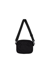 Μαύρη τσάντα ώμου από καμβά, ορθογώνιο σχήμα με επίπεδο σχέδιο, ρυθμιζόμενος ιμάντας, διπλοί μπροστινοί βρόχοι και απλή κλείσιμο με φερμουάρ. Λείος υφή.