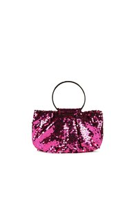 Bolso de lentejuelas en rosa y burdeos con un diseño fruncido y un asa circular negra. Presenta una superficie texturizada y brillante.