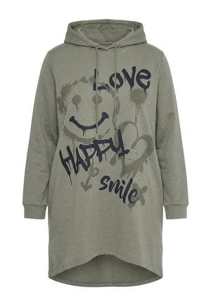 Oliven grøn lang hættetrøje-kjole med frontprint i graffiti-stil af et smilende ansigt, et hjerte og ordene "Kærlighed," "Glad" og "Smil".