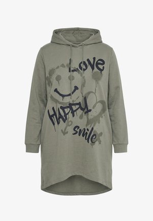 Oliven grøn lang hættetrøje-kjole med frontprint i graffiti-stil af et smilende ansigt, et hjerte og ordene "Kærlighed," "Glad" og "Smil".