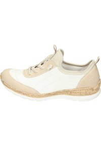 Beige and white sneaker featuring a smooth leather upper, textured accents, lace closure, and a cork-like midsole.
