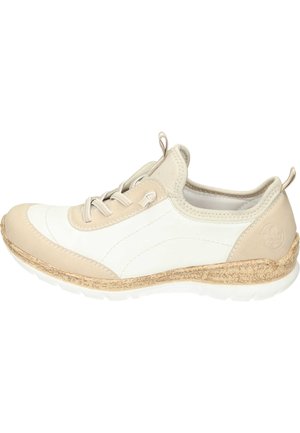 Beige and white sneaker featuring a smooth leather upper, textured accents, lace closure, and a cork-like midsole.