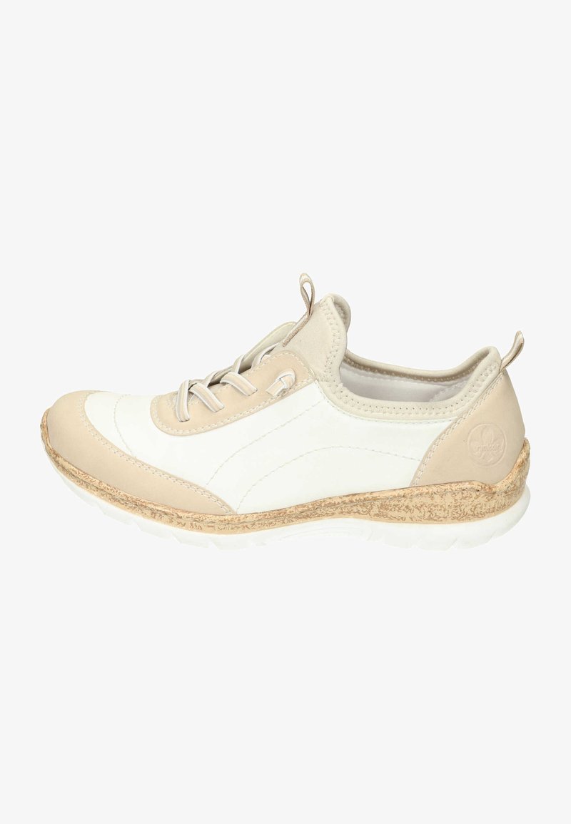 Beige and white sneaker featuring a smooth leather upper, textured accents, lace closure, and a cork-like midsole.