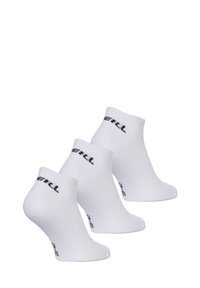 Drei Paare kurzer, weißer Socken mit glatter Textur, ausgestattet mit einem schwarzen Logo im Knöchelbereich. Klassischer sportlicher Stil und Material aus Baumwollmischung.