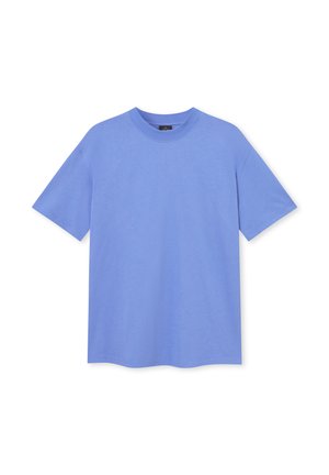 Hellblaue Baumwoll-T-Shirt mit Rundhalsausschnitt, kurzen Ärmeln und lockerer Passform. Glatte Textur und minimalistisches Design.
