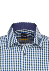 Camicia a quadri con quadrati blu, verdi e bianchi. Collo con bottoni, con una fodera interna del collo in navy e un branding sottile sull'etichetta.
