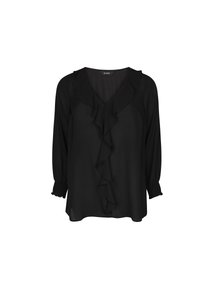 Svart blus med långa ärmar, V-ringning och volangdetalj framtill. Tillverkad i lättviktstyg med rynkade mudd för en avslappnad passform.