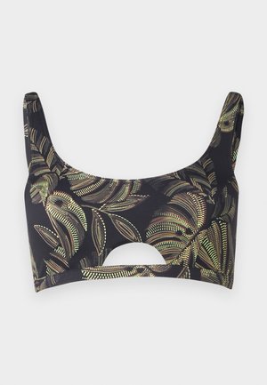 Czarny biustonosz bikini z wycięciem, wykonany z gładkiego materiału z błyszczącym wzorem liści w złotych i zielonych akcentach. Szerokie ramiączka.