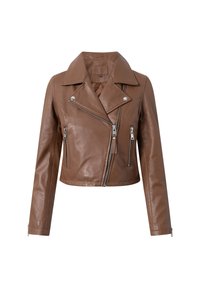 Giacca da motociclista in pelle marrone, con un design cropped, ampi revers, chiusura con zip asimmetrica e due tasche con zip. Texture morbida.